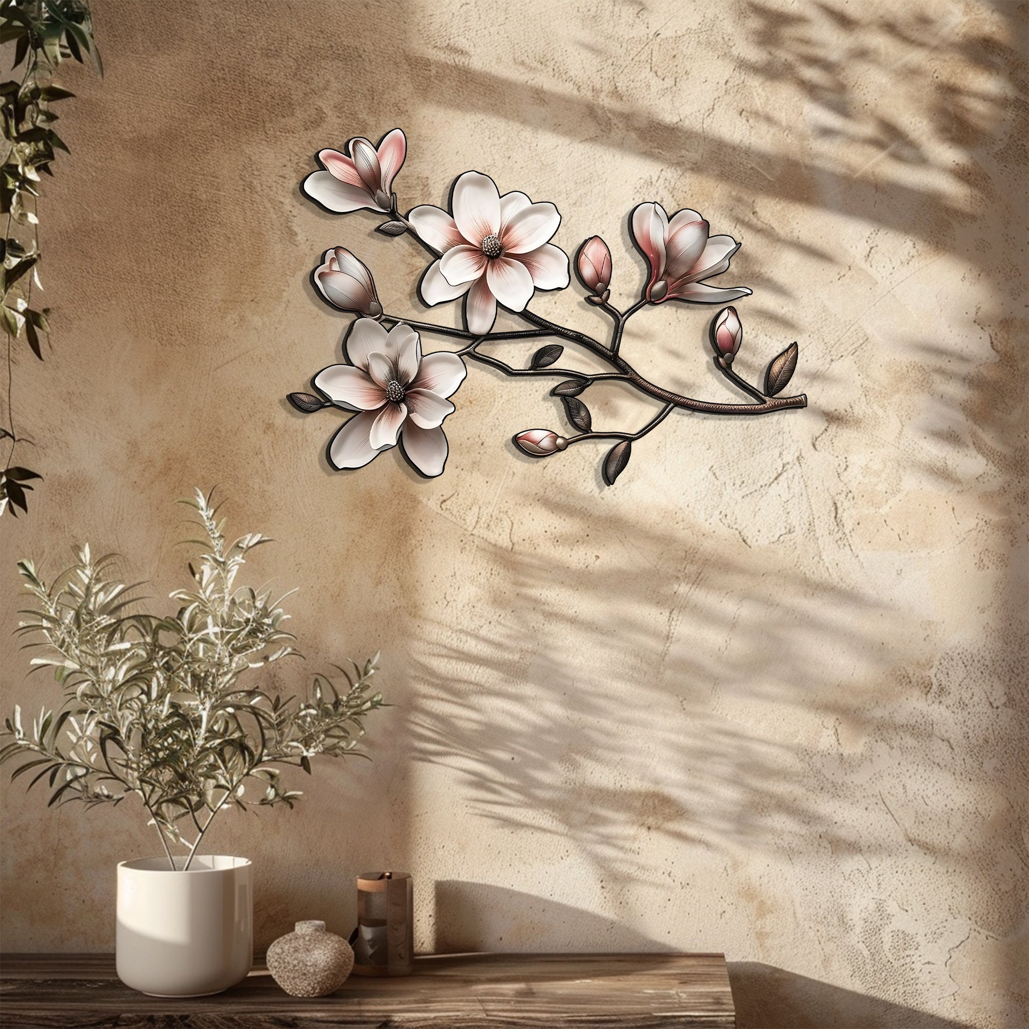 Magnolia Flower Metal Wall Art Floral Branch Wall Decor Elegant Botanical Aluminum Wall Hanging Farmhouse Decor