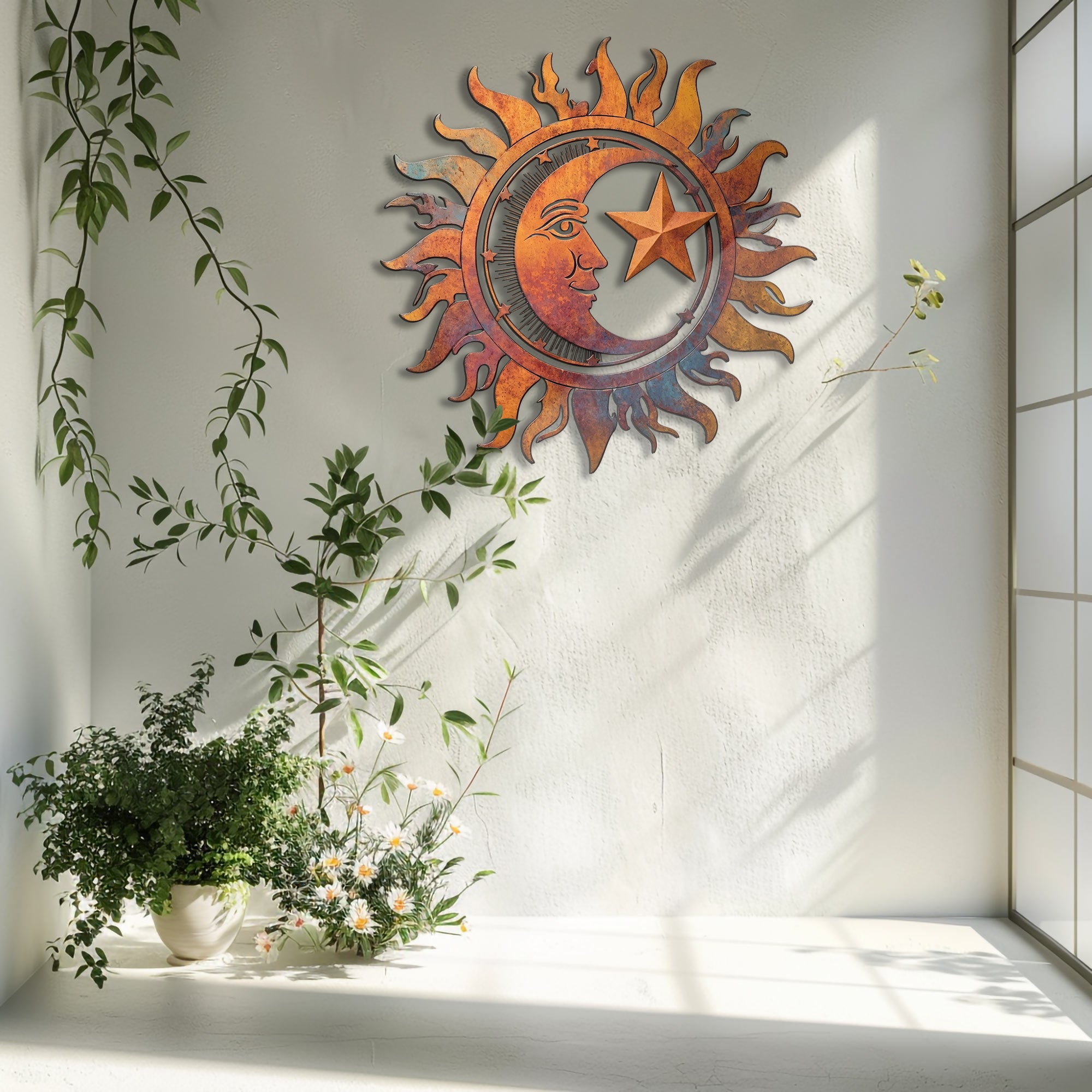 Rustic Sun Moon Star Metal Wall Art – UV Printed Decor Boho Indoor Outdoor