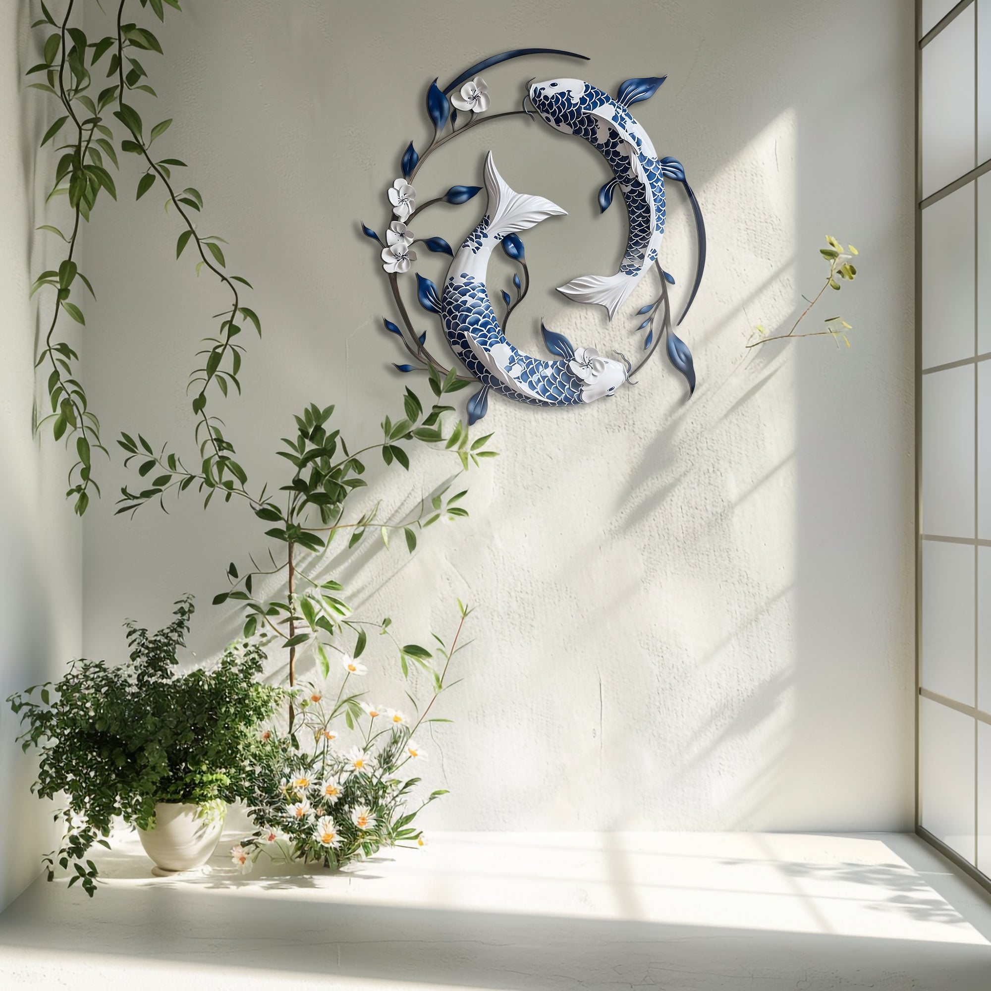 Blue White Koi Fish Metal Wall Art – UV Printed Aluminum Japanese Zen Decor Indoor Outdoor