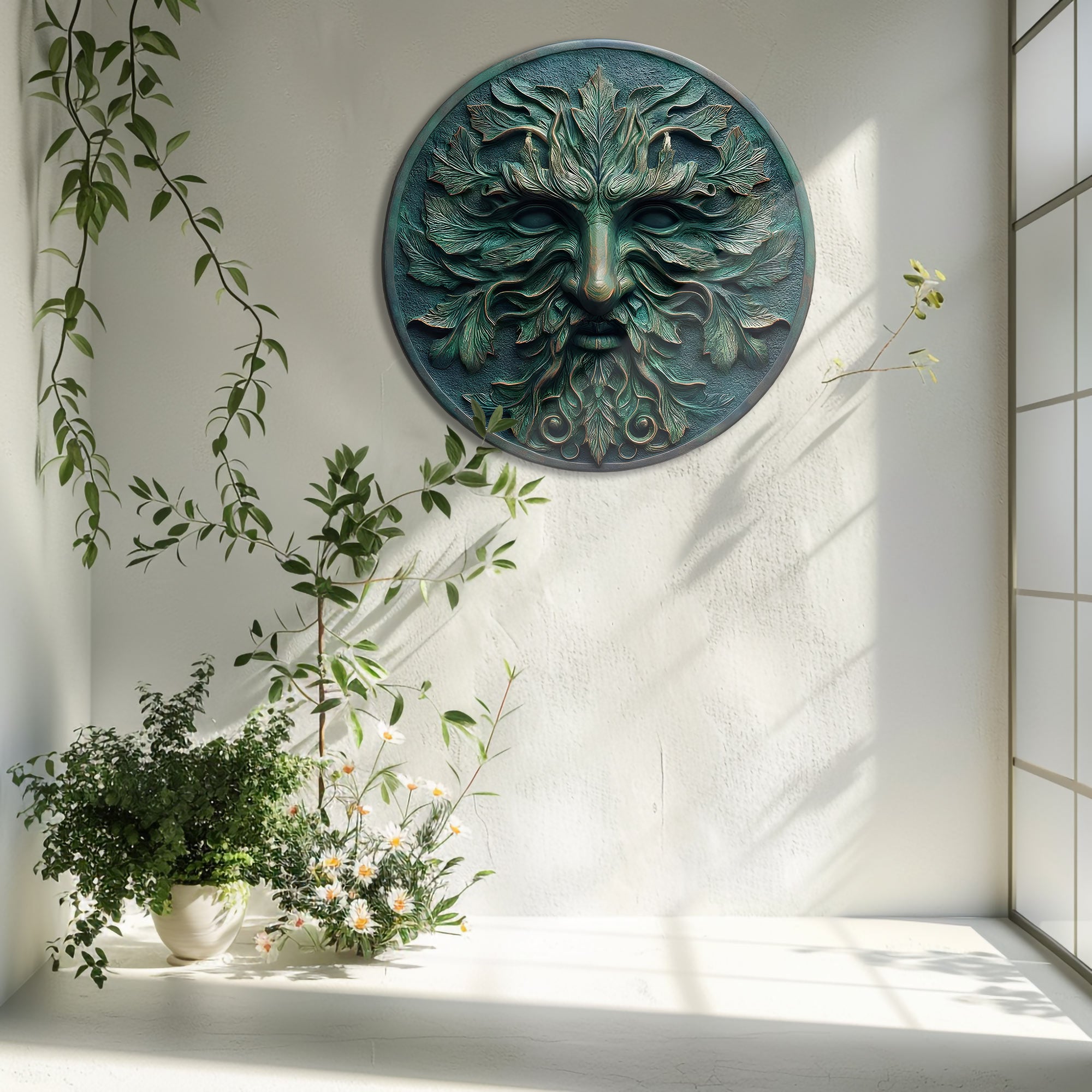 Green Man Face Metal Wall Art – UV Printed Aluminum Forest Spirit Garden Decor Indoor Outdoor V1