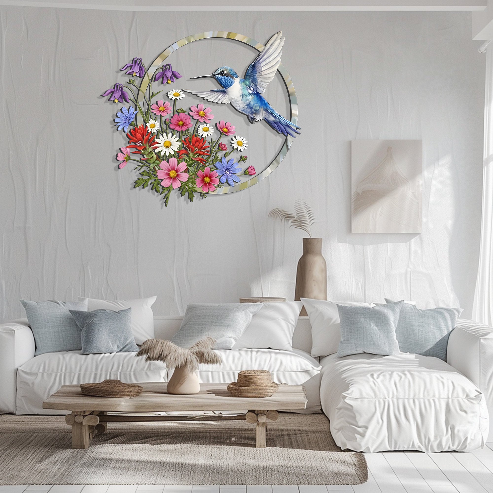 Hummingbird Floral Metal Wall Art – Wildflower Bird Decor Garden Indoor Outdoor