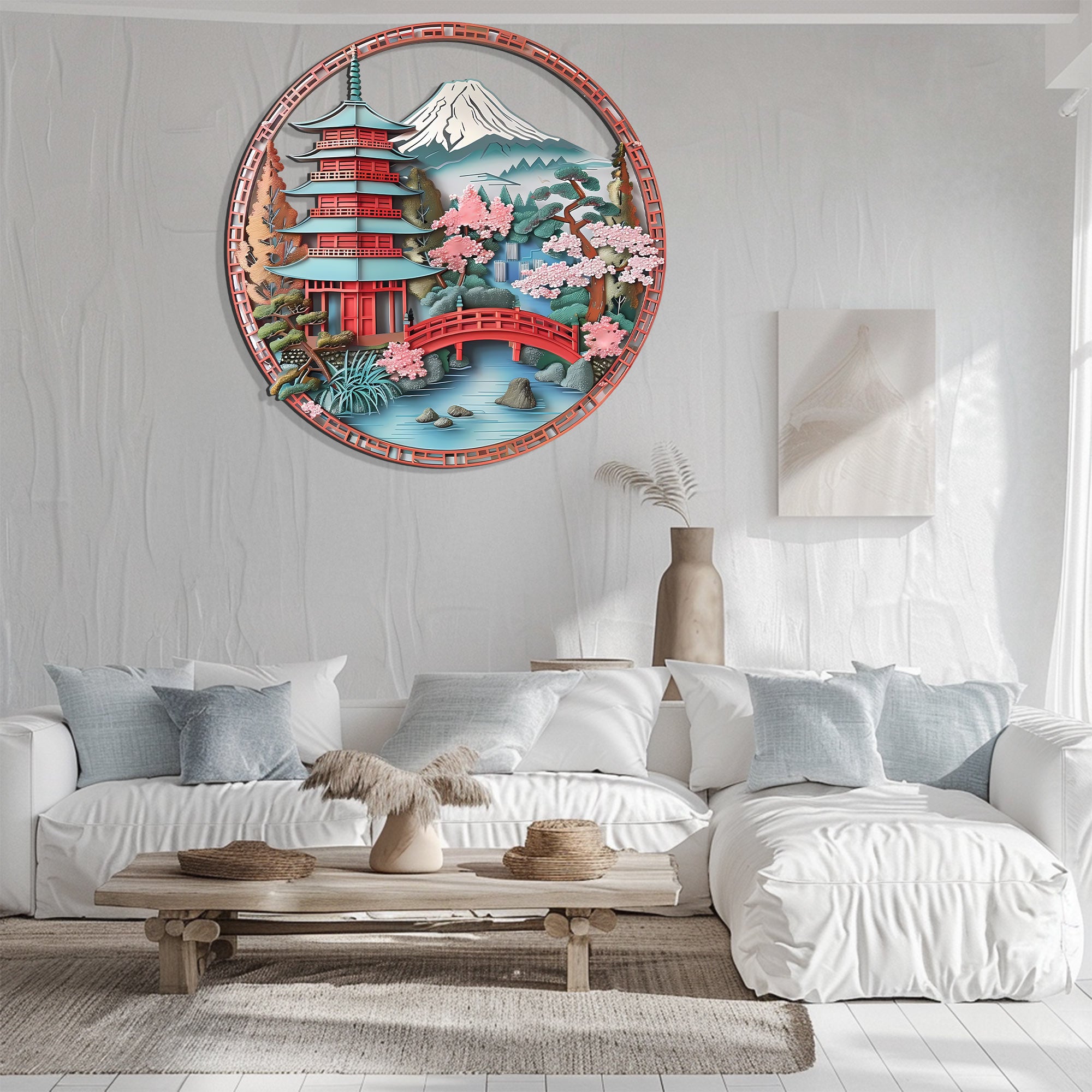 Japanese Pagoda Wall Art Sakura Landscape Decor – Asian Mountain Fuji Bridge Scene Metal Wall Decor Zen Home Decor
