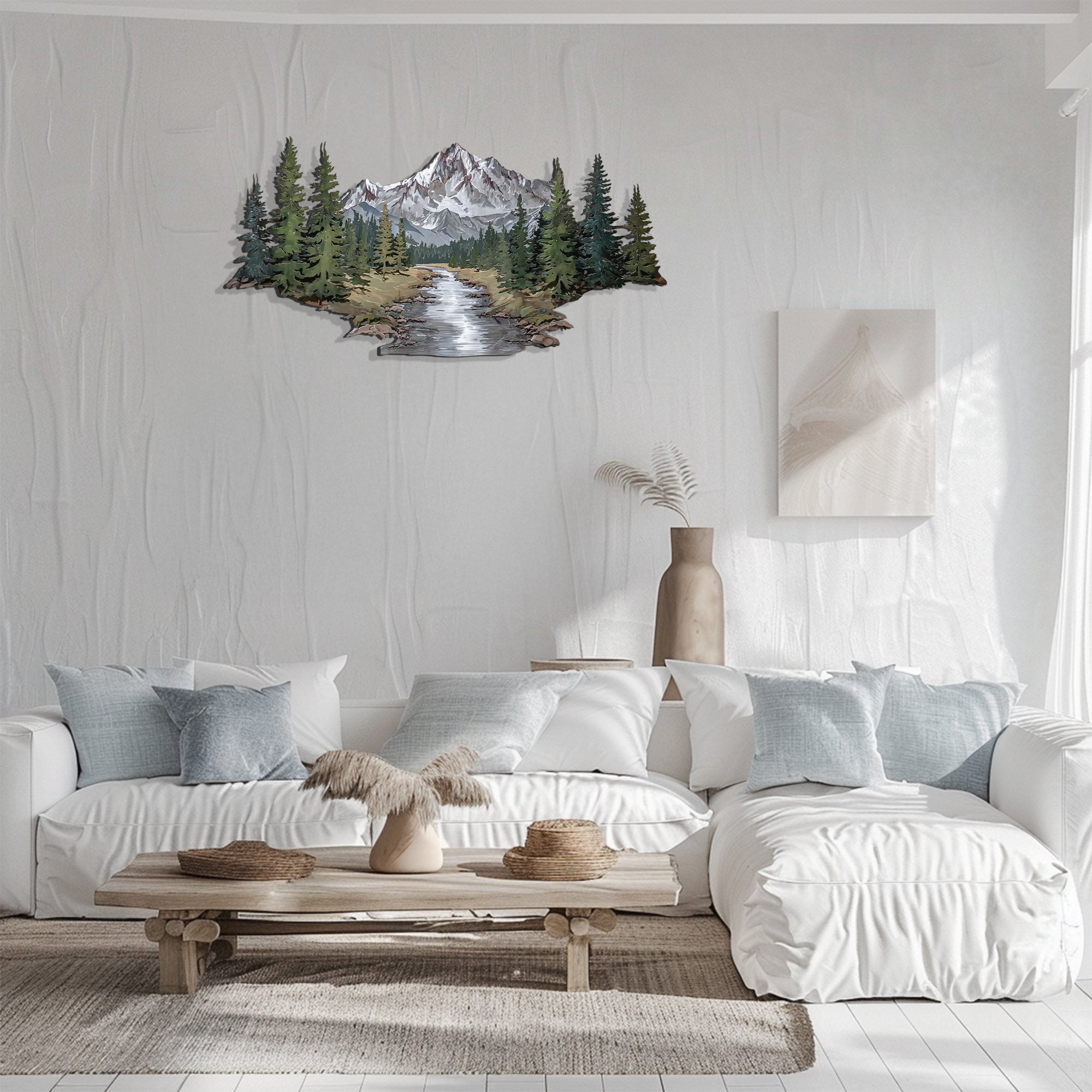 Mountain Wall Art – Forest River Landscape Metal Decor