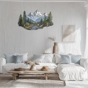 Mountain Wall Art – Forest River Landscape Metal Decor V3