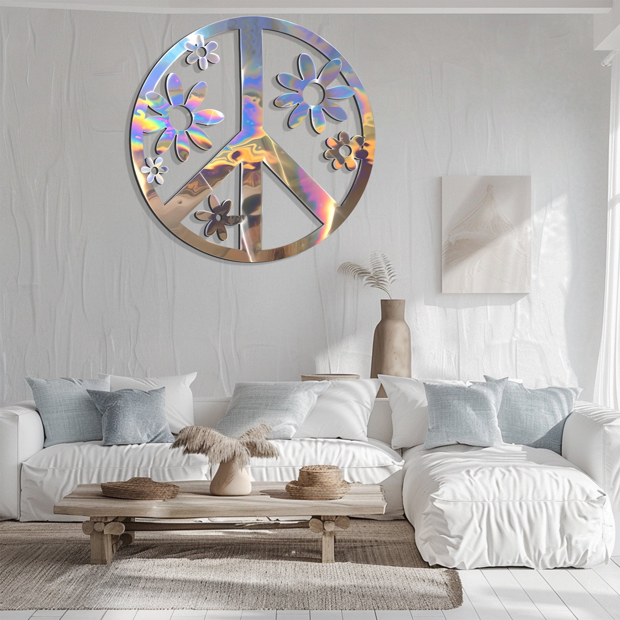 Peace Sign Wall Art – Boho Floral Metal Decor