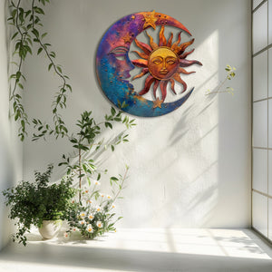 Sun Moon Celestial Metal Wall Art – Boho Sun and Moon Wall Hanging Rustic Astrology Wall Art Home Decor