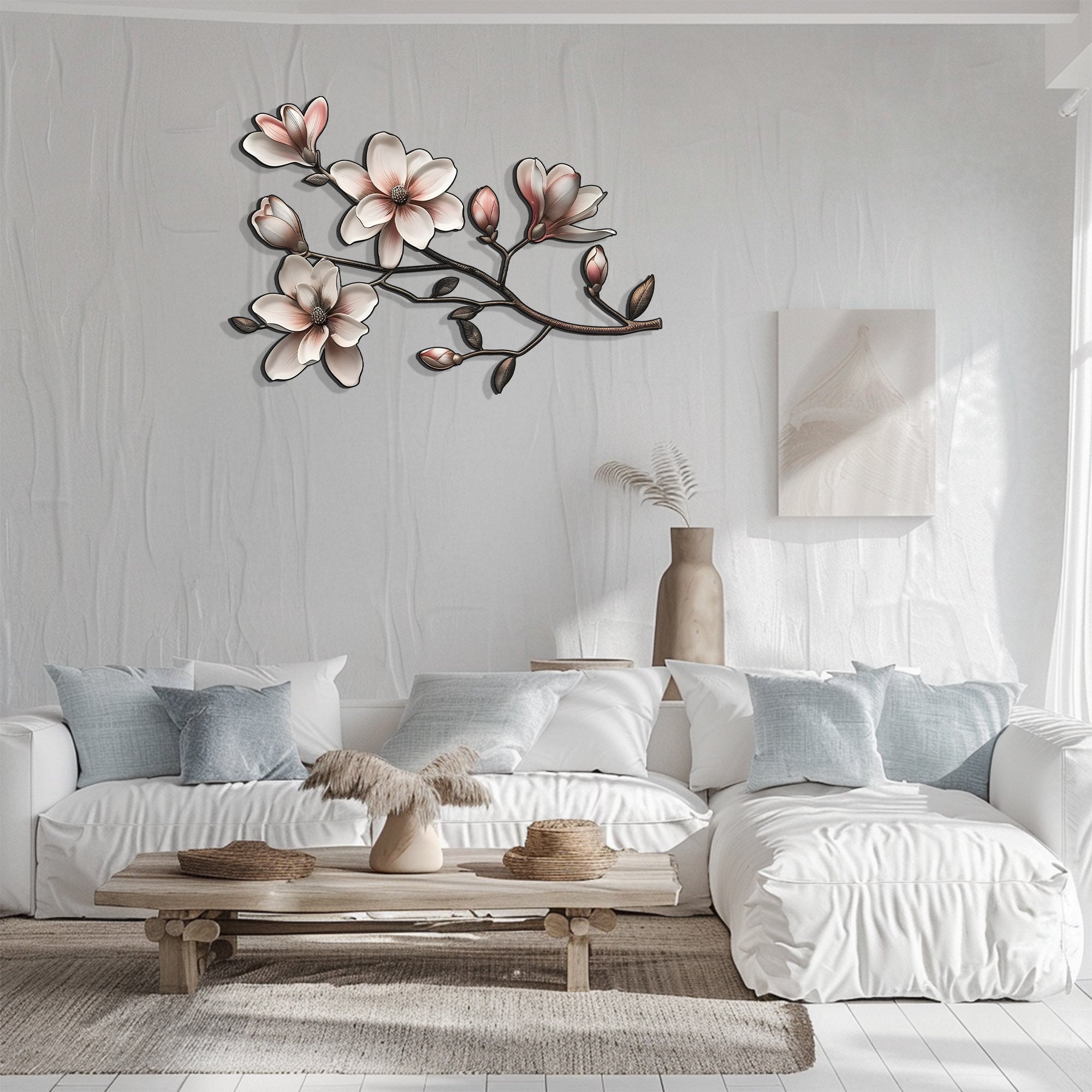 Magnolia Flower Metal Wall Art Floral Branch Wall Decor Elegant Botanical Aluminum Wall Hanging Farmhouse Decor