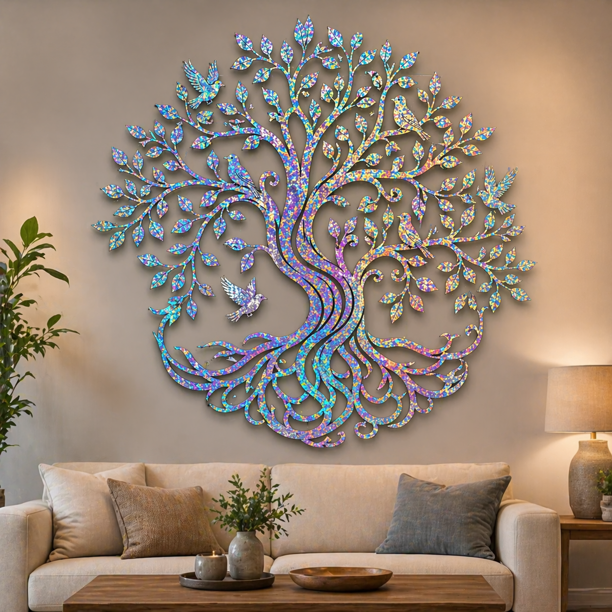 Holographic Tree of Life Metal Wall Art, Colorful Nature Decor for Patio
