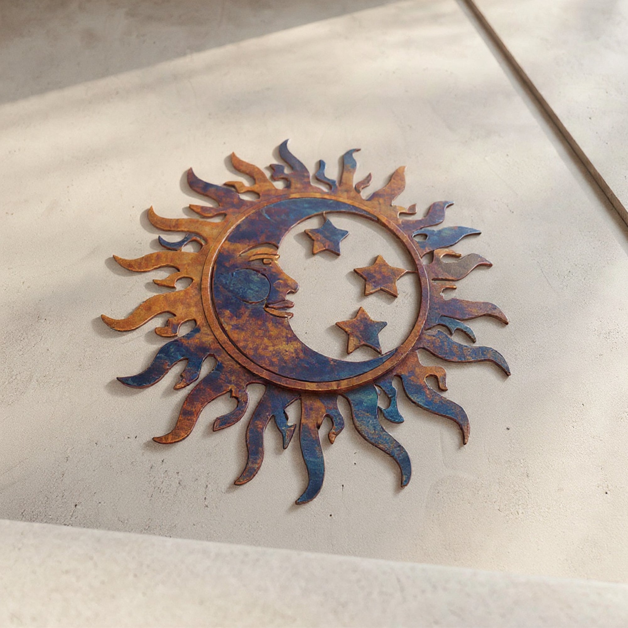 Blue Copper Sun Moon Star Metal Wall Art – UV Printed Decor Boho Indoor Outdoor