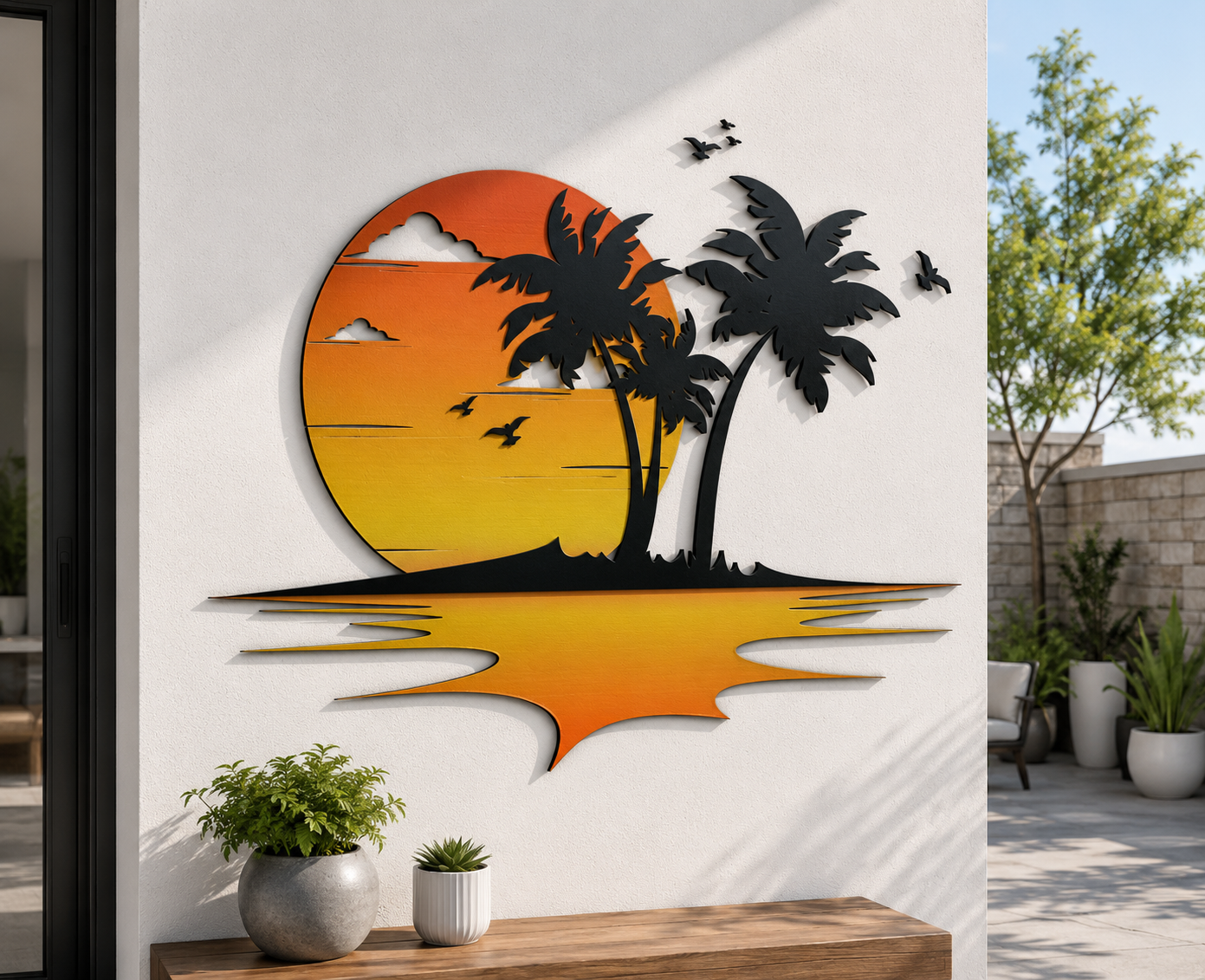 Metal Palm Tree Sunset Wall Art Tropical Ocean Beach Metal Sign Outdoor Patio Coastal Home Decor Blue Water Sunrise Wall Sculpture Modern