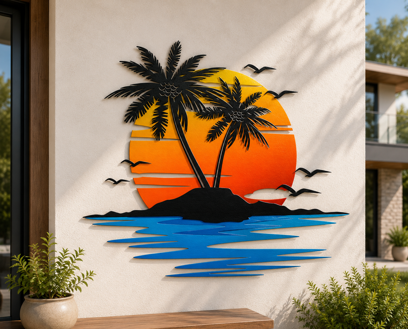 Metal Palm Tree Sunset Wall Art Tropical Ocean Beach Metal Sign Outdoor Patio Coastal Home Decor Blue Water Sunrise Wall Sculpture Modern