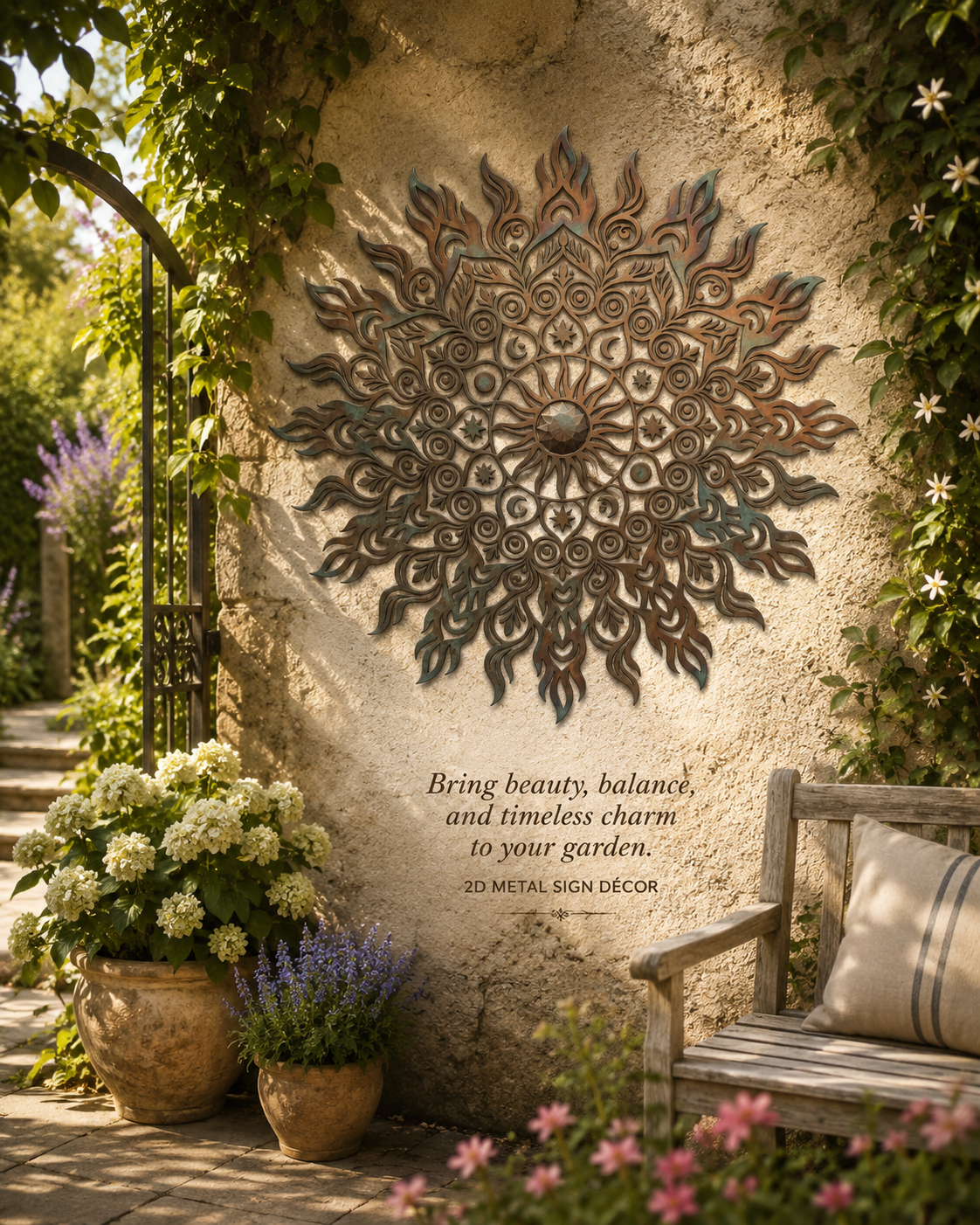 Rustic Mandala Metal Wall Art, Large Sunburst Outdoor Patio Decor