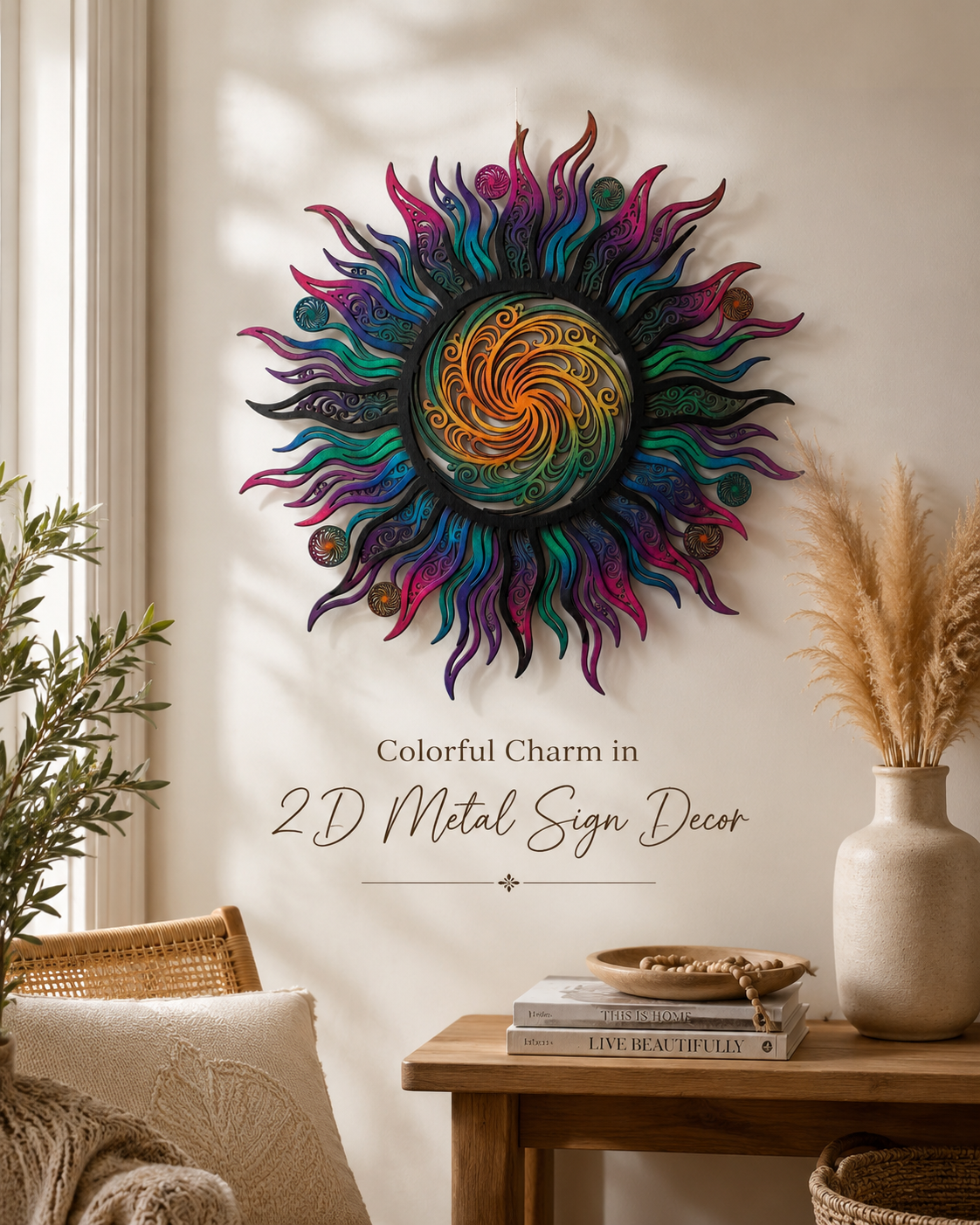 Boho Metal Sign, Colorful Sunburst Wall Art, Celestial Mandala Decor, Southwest Home Accent