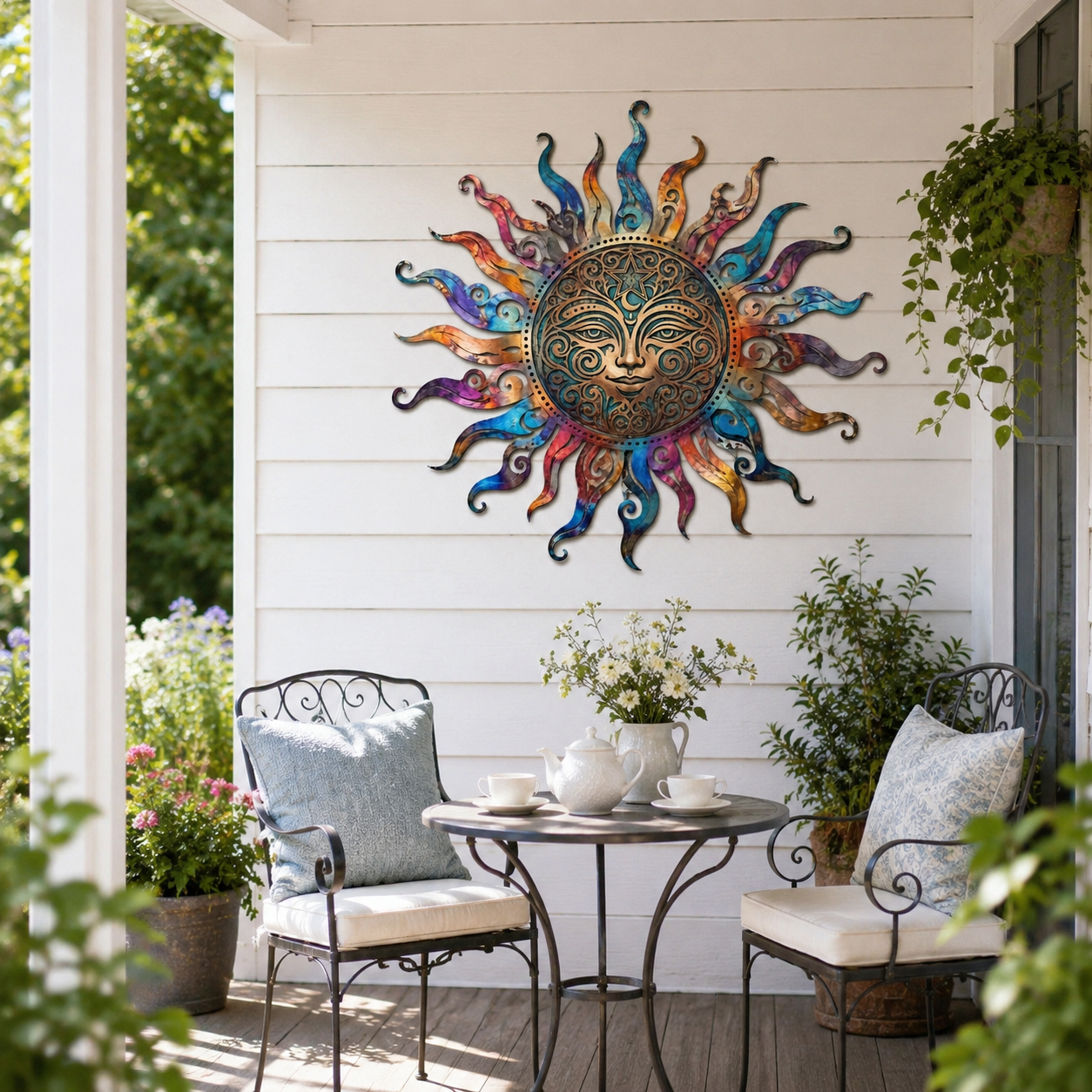 Colorful Sun Art Metal Sign, Boho Sun Face Wall Decor, Rainbow Sunburst Gift