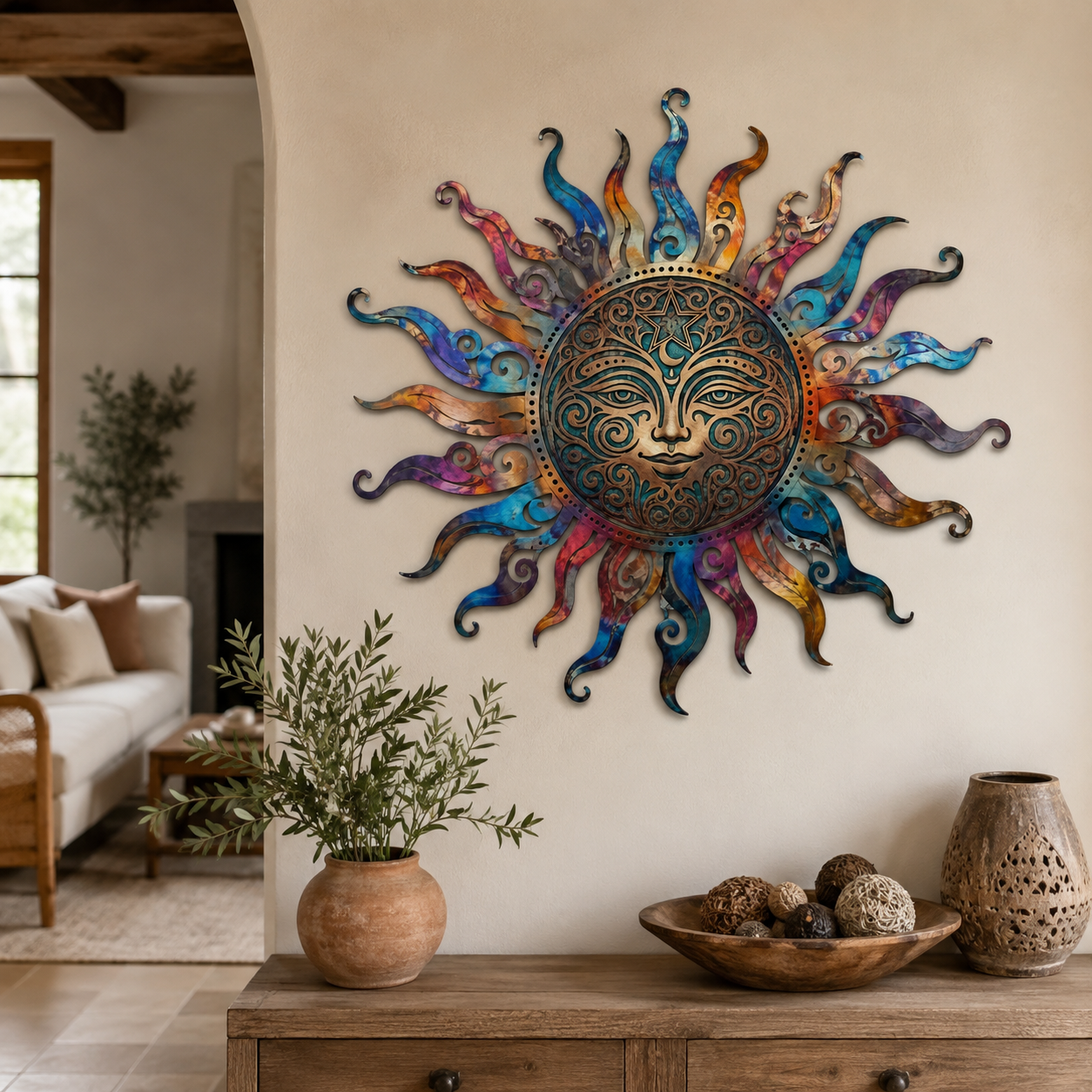 Colorful Sun Art Metal Sign, Boho Sun Face Wall Decor, Rainbow Sunburst Gift