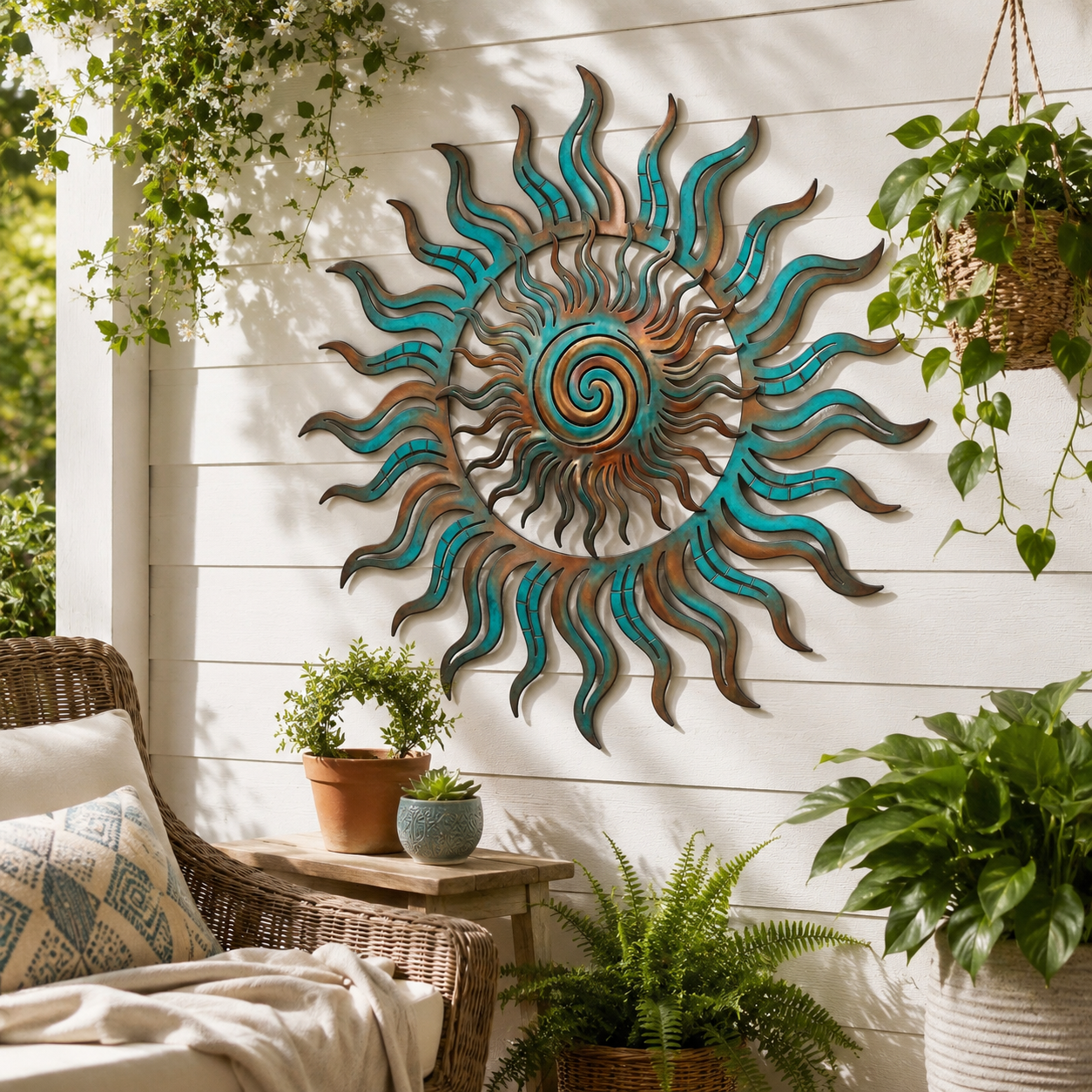 Turquoise Spiral Sun Metal Art, Colorful Wall Decor For Patio & Garden