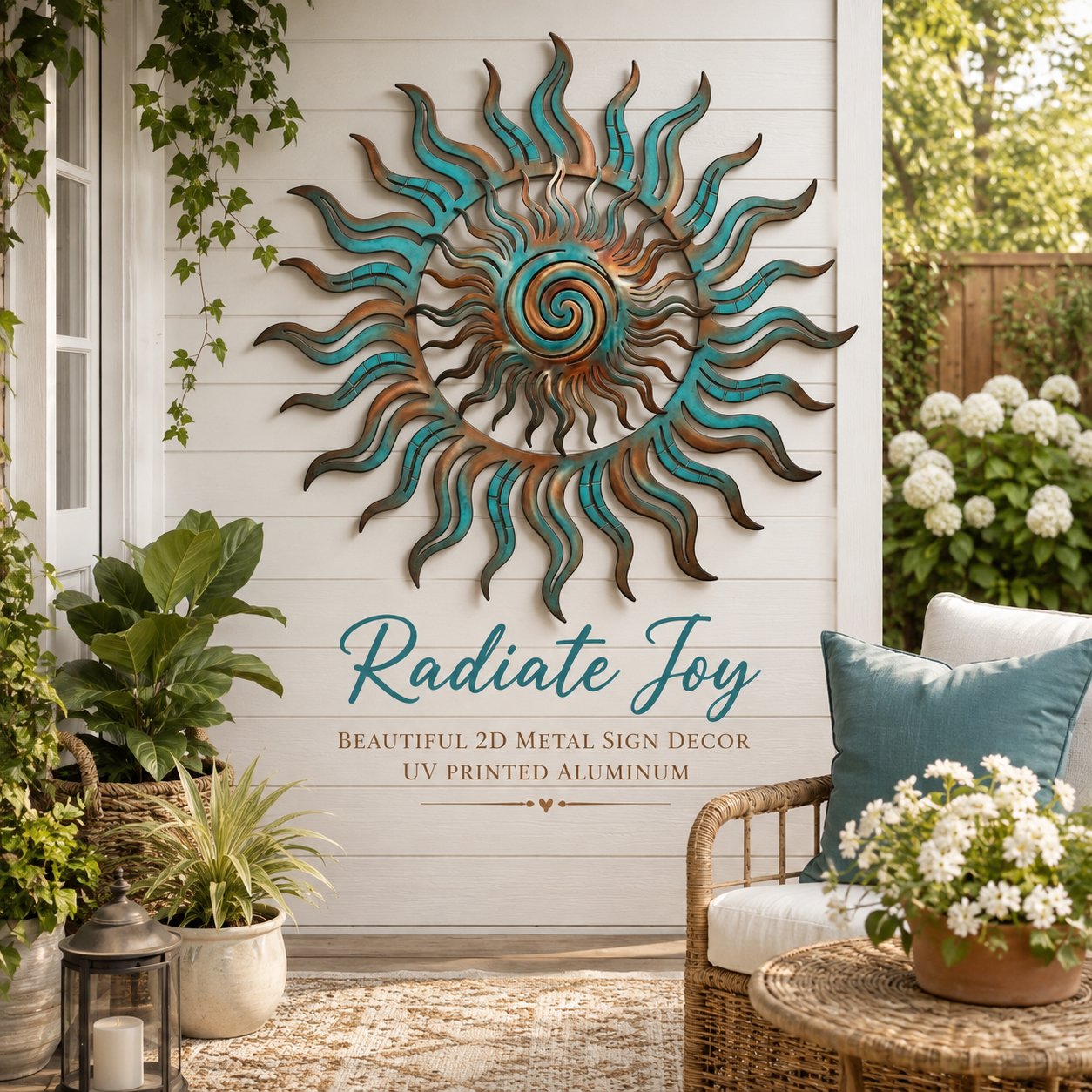 Turquoise Spiral Sun Metal Art, Colorful Wall Decor For Patio & Garden