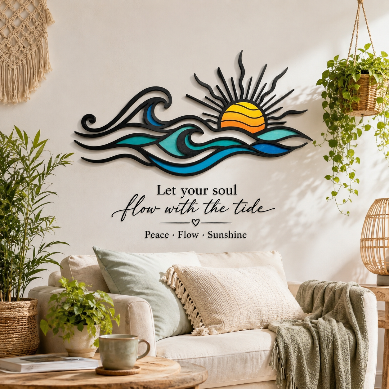 Ocean Sunset Metal Art, Colorful Wave Wall Decor For Coastal Beach House