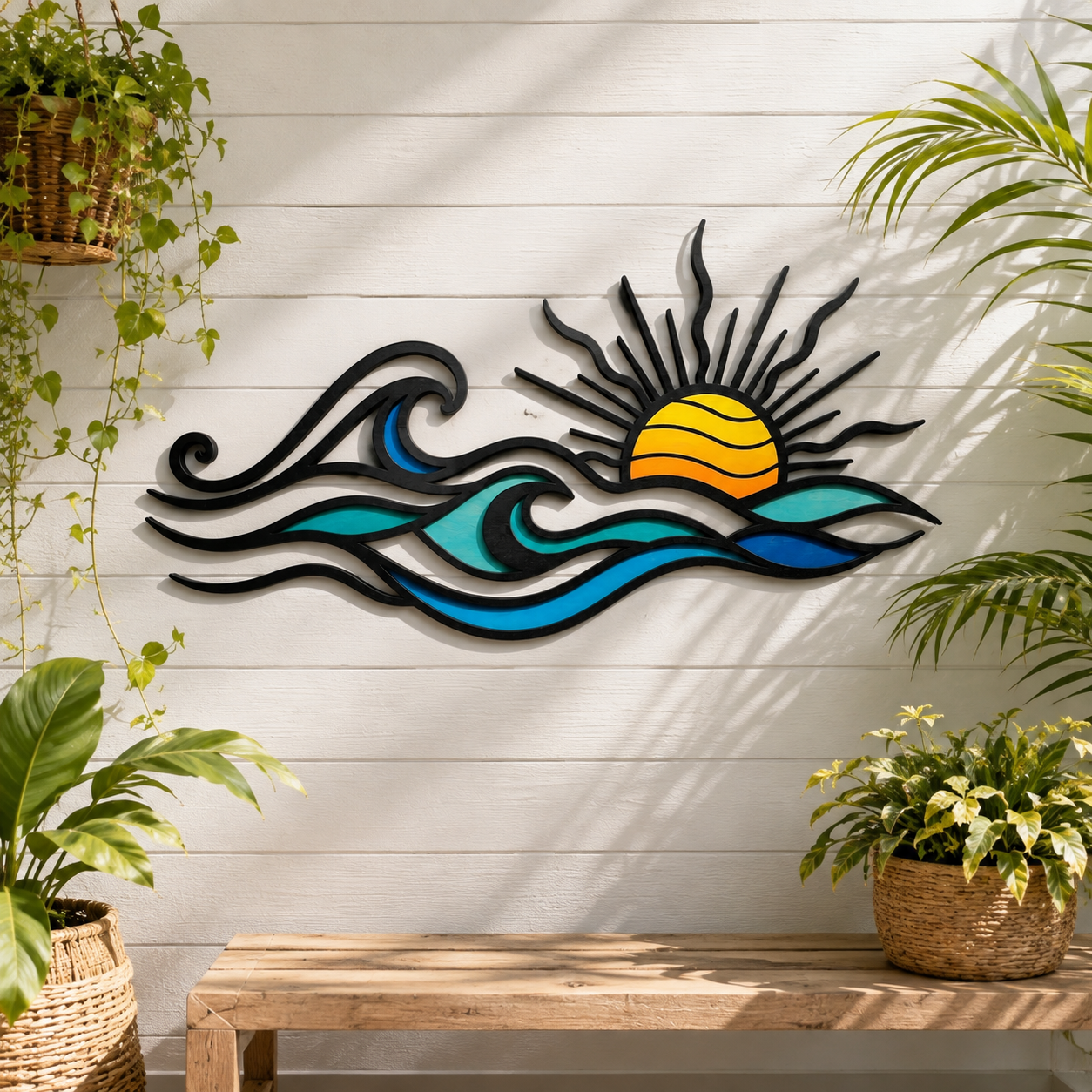 Ocean Sunset Metal Art, Colorful Wave Wall Decor For Coastal Beach House