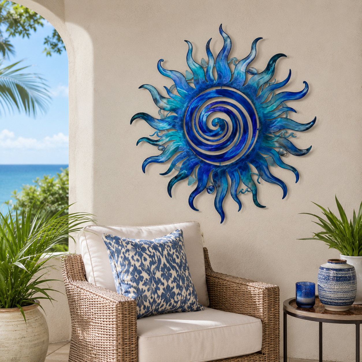 Blue Sun Metal Art, Coastal Spiral Sun Wall Decor, Outdoor Patio Sign