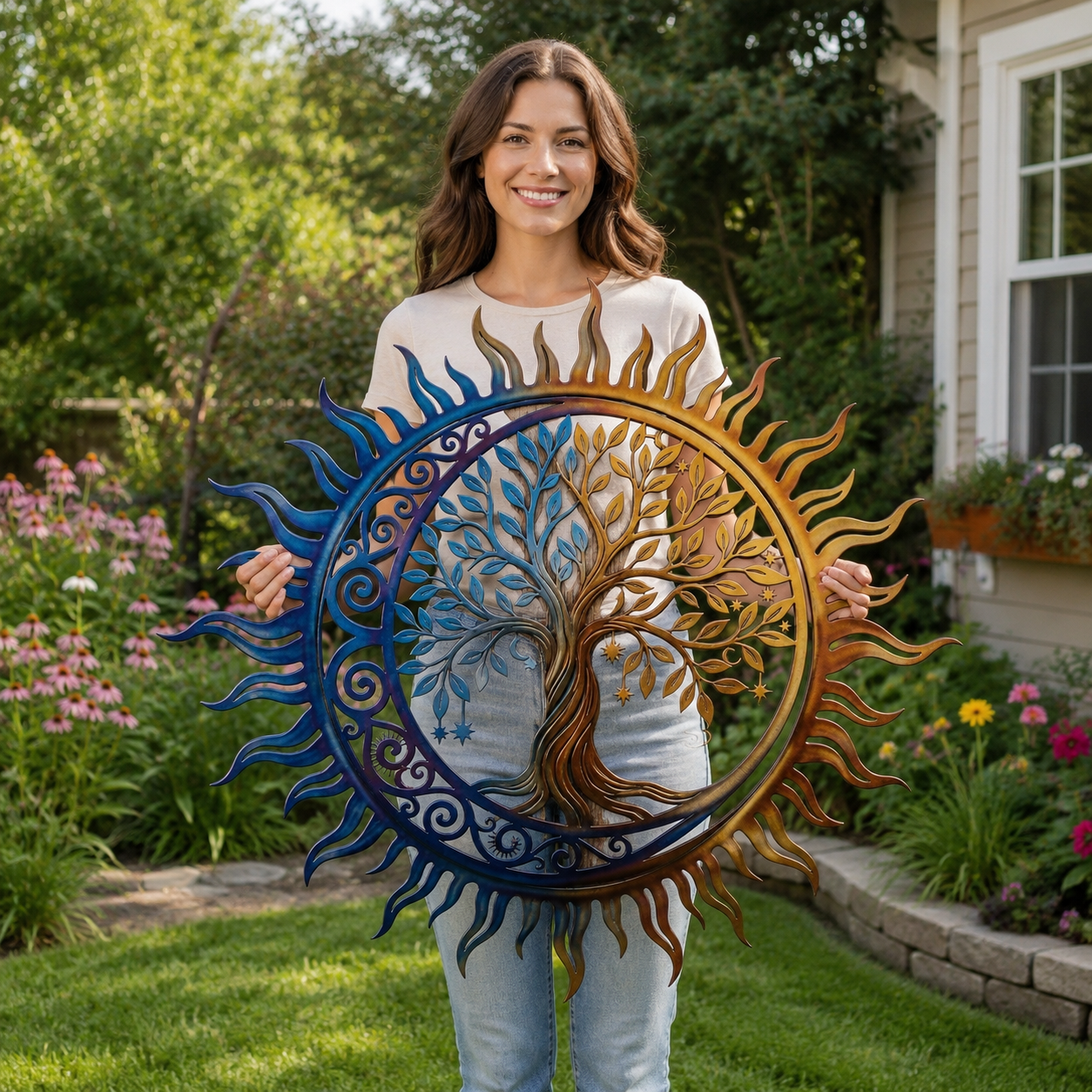 Colorful Tree Of Life Metal Art, Sun & Moon Wall Decor, Celestial Tree Sign, Housewarming Gift