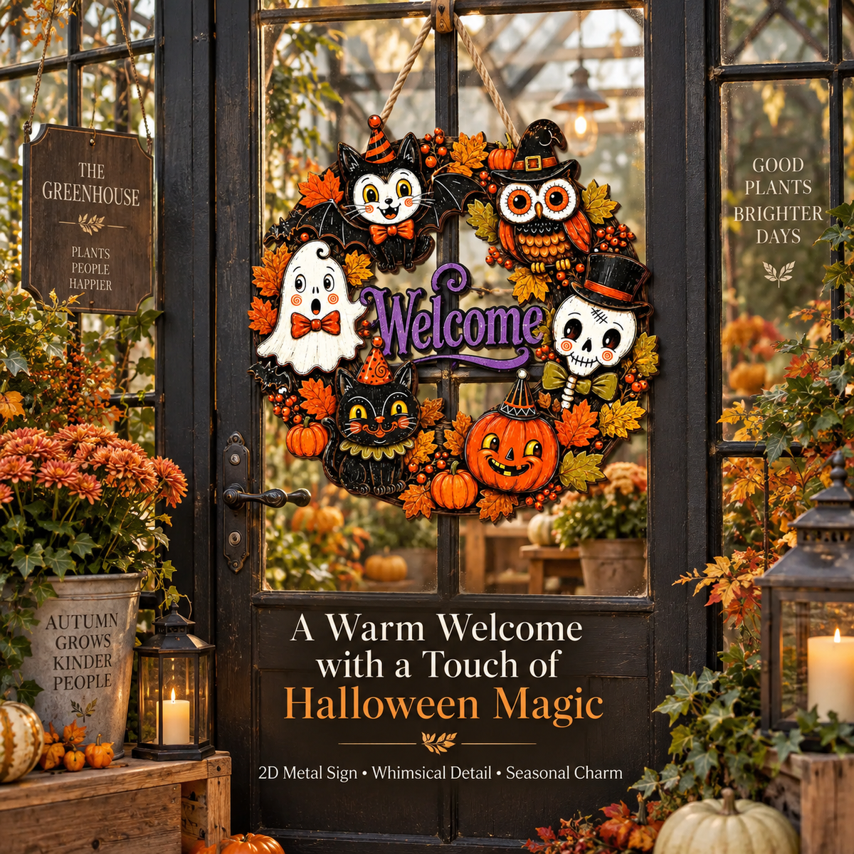 Vintage Halloween Sign, Spooky Metal Wreath Decor, Ghost Cat Owl Pumpkin, Fall Housewarming Gift