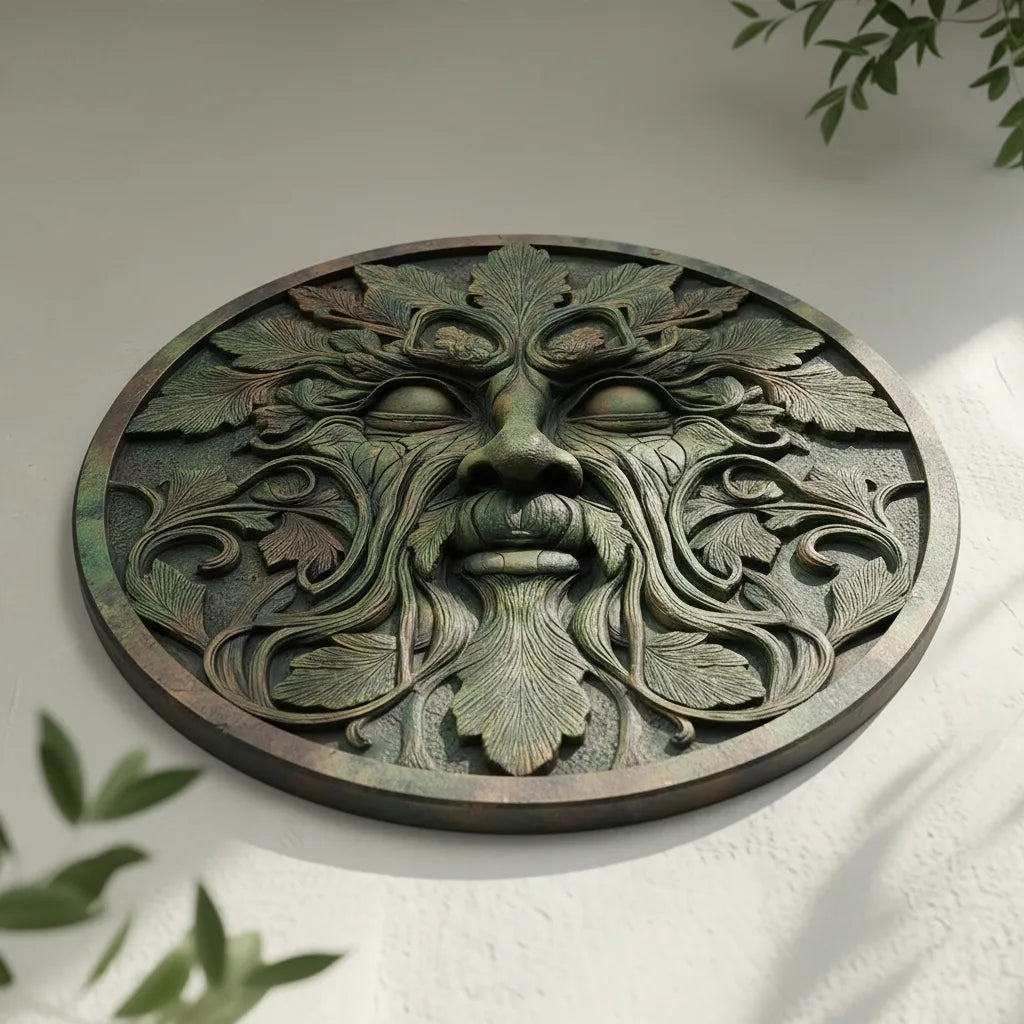 Green Man Face Metal Wall Art – UV Printed Aluminum Forest Spirit Garden Decor Indoor Outdoor
