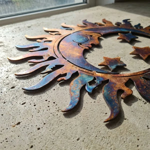Blue Copper Sun Moon Star Metal Wall Art – UV Printed Decor Boho Indoor Outdoor