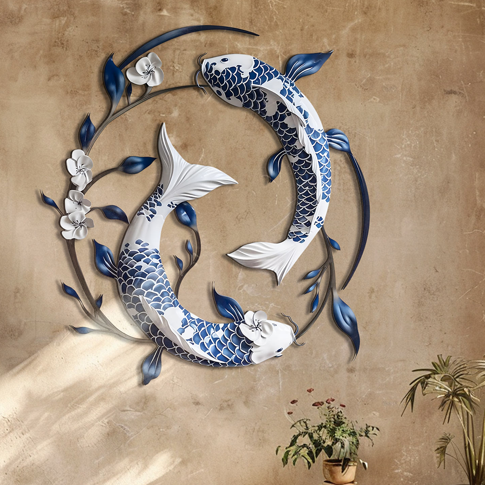 Blue White Koi Fish Metal Wall Art – UV Printed Aluminum Decor Feng Shui Zen Indoor Outdoor