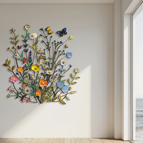 Wildflower Butterfly Metal Wall Art – Floral Nature Decor Garden Indoor Outdoor