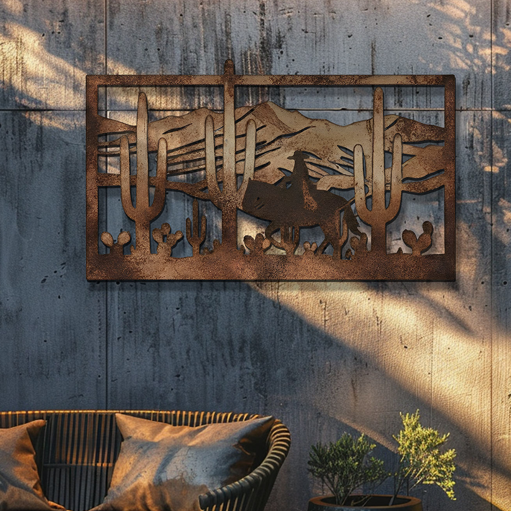 Western Cowboy Metal Wall Art – Desert Cactus Horse Decor Rustic Ranch Outdoor Indoor