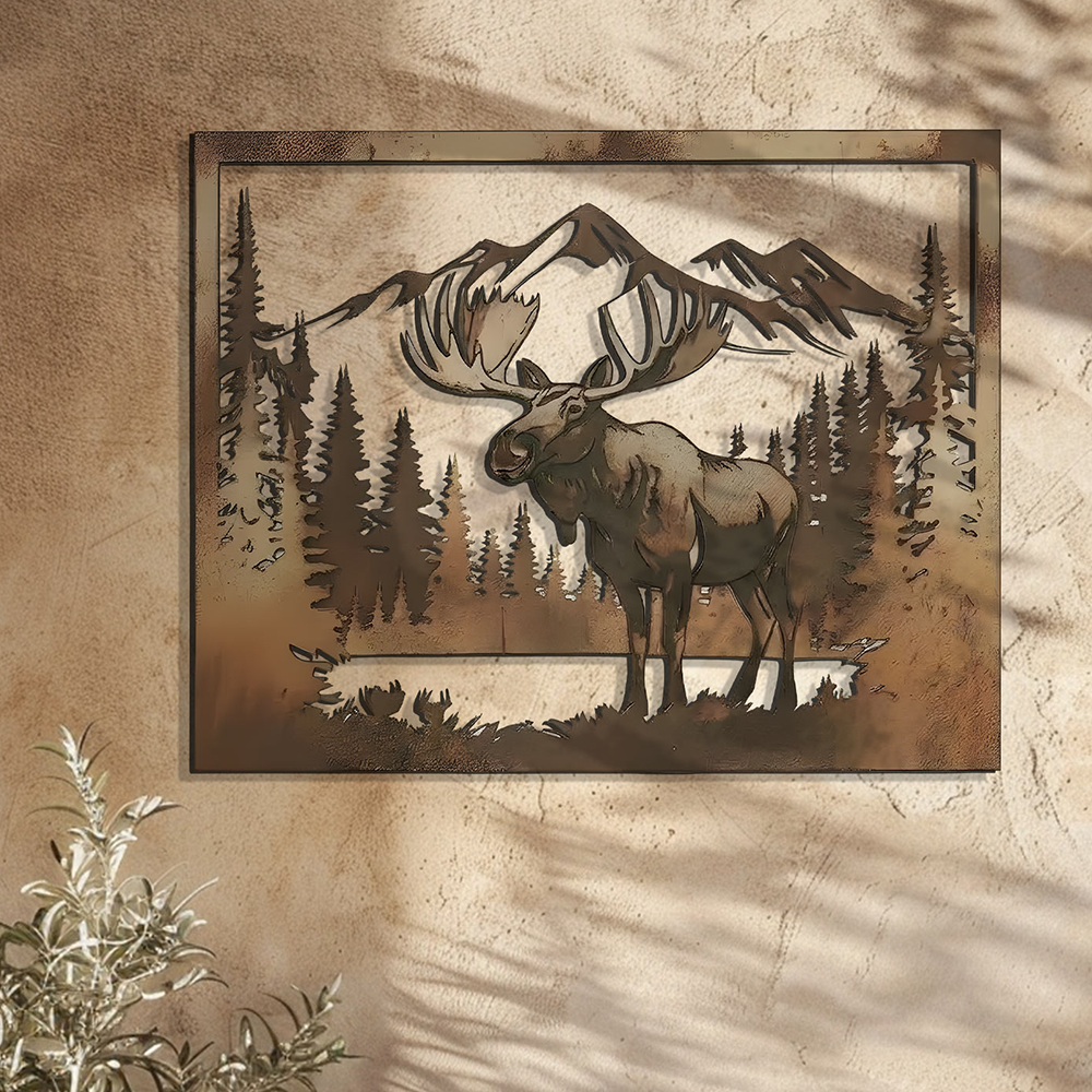 Moose Metal Wall Art Mountain Forest Decor – Rustic Cabin Wildlife Wall Hanging Outdoor Indoor
