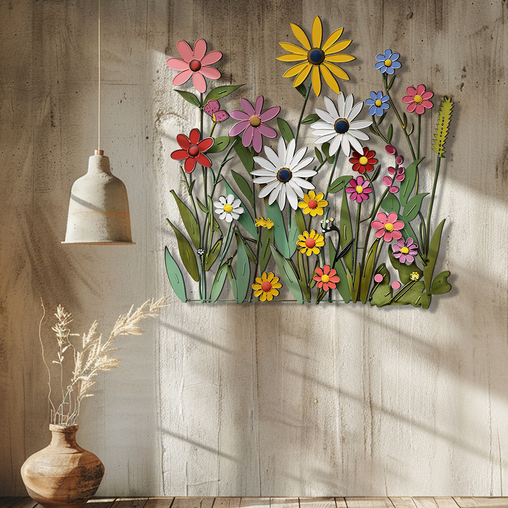 Wildflower Metal Wall Art Colorful Floral Decor – Rustic Garden Wall Hanging Cottagecore Farmhouse Wall Art