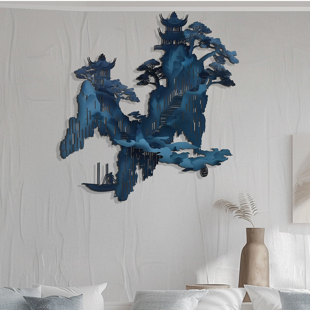 Chinese Pagoda Metal Wall Art Zen Landscape Decor – Asian Mountain River Scene  Wall Hanging Minimalist Oriental Art