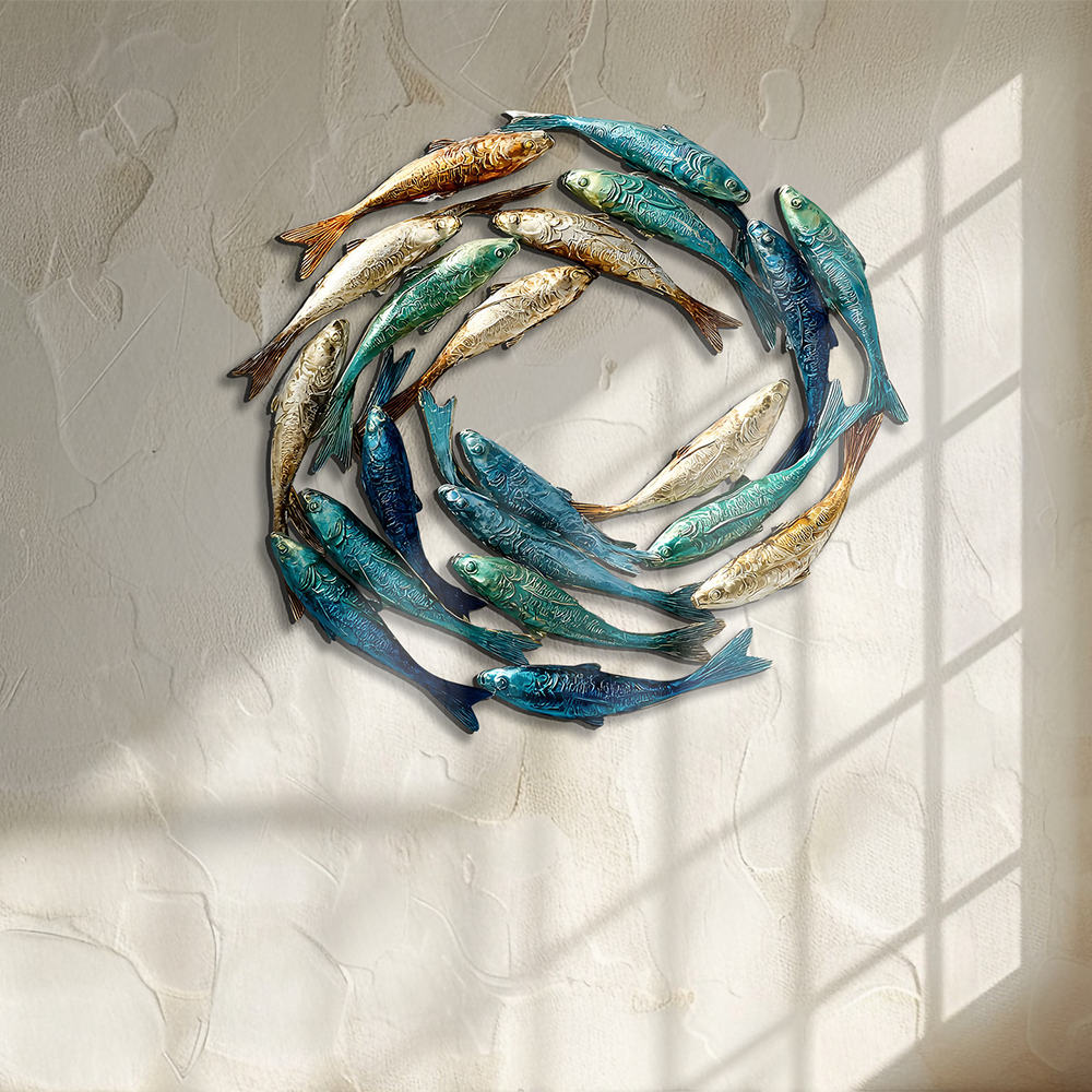Circle School of Fish Metal Wall Art Coastal – UV Printed Decor Beach Indoor Outdoor