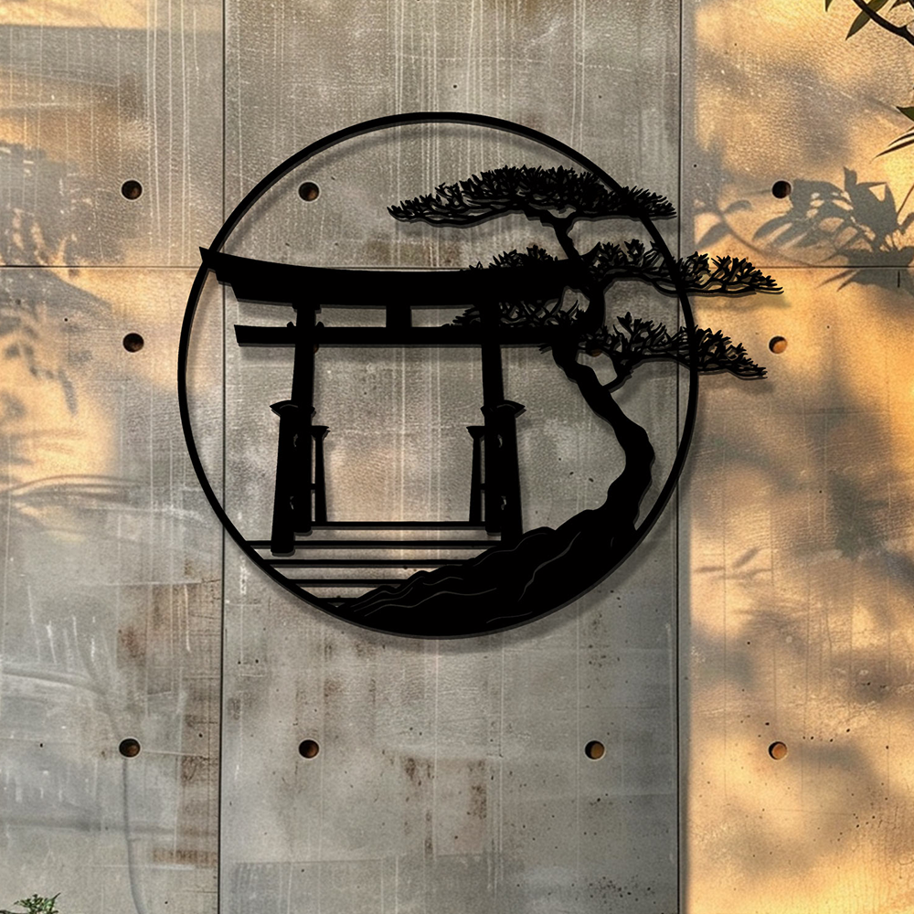 Japanese Torii Gate Metal Wall Art Zen Decor – Minimalist Asian Wall Hanging Bonsai Tree Home Decor