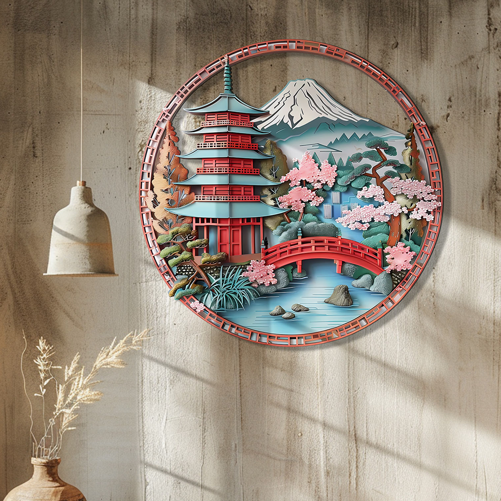 Japanese Pagoda Wall Art Sakura Landscape Decor – Asian Mountain Fuji Bridge Scene Metal Wall Decor Zen Home Decor