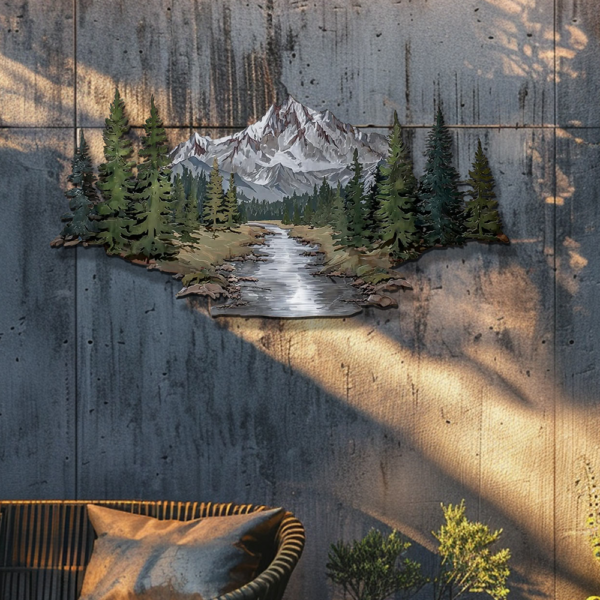 Mountain Wall Art – Forest River Landscape Metal Decor
