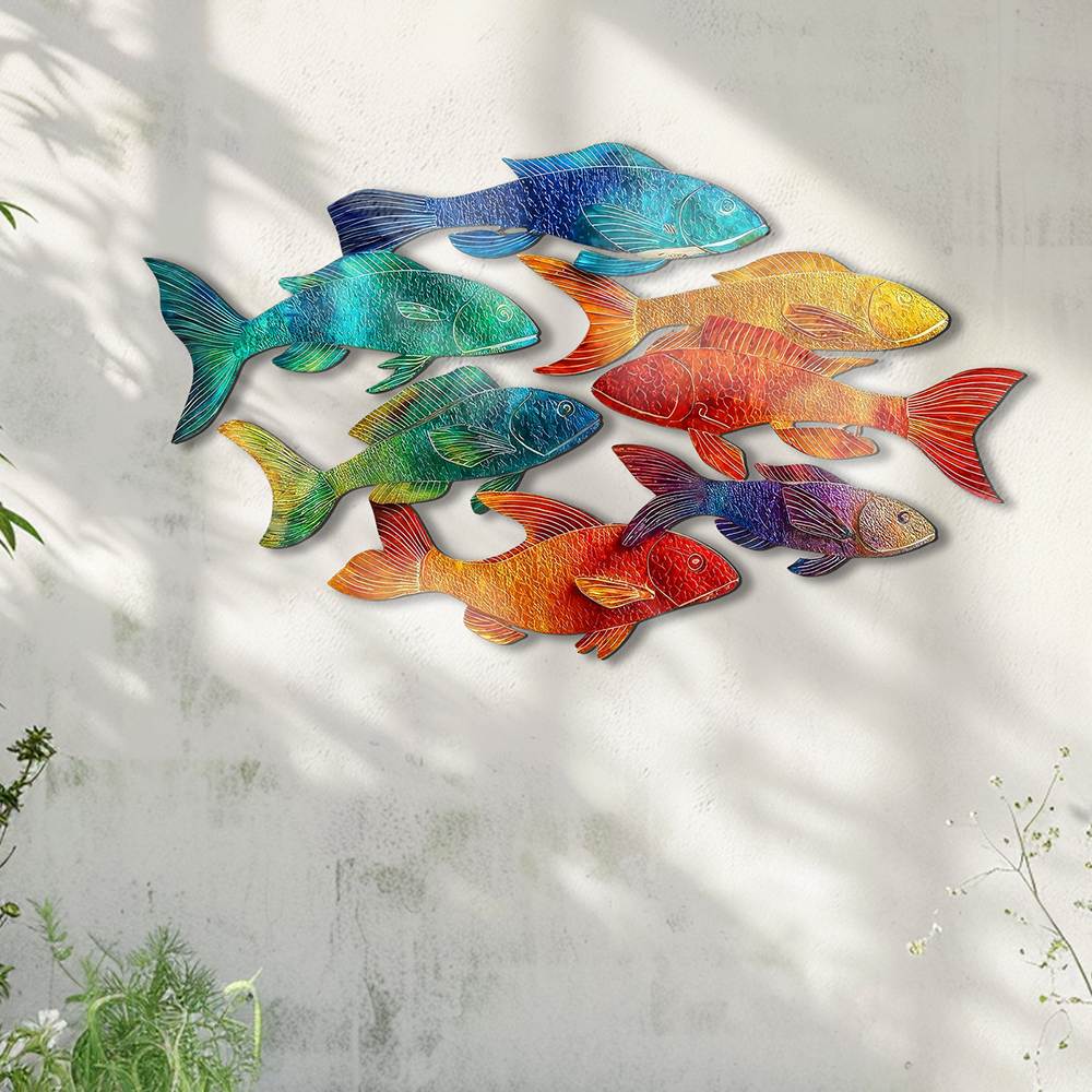 Colorful School of Fish Metal Wall Art – UV Printed Coastal Decor Beach Indoor Outdoor