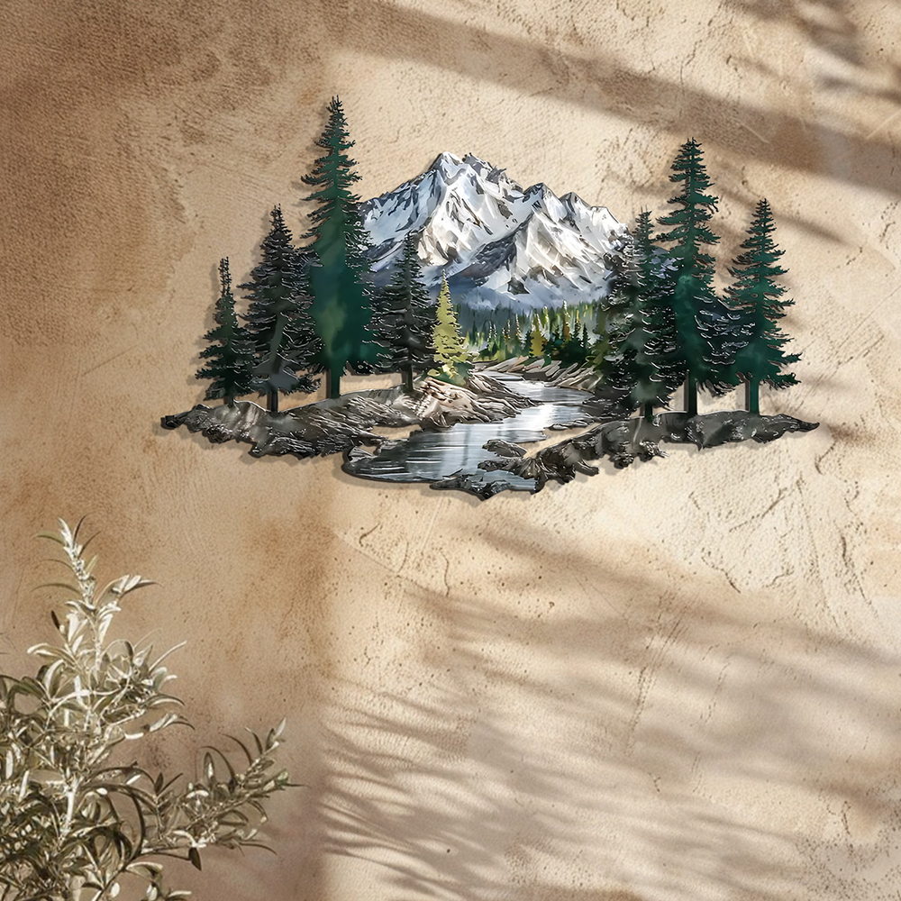 Mountain Wall Art – Forest River Landscape Metal Decor V2