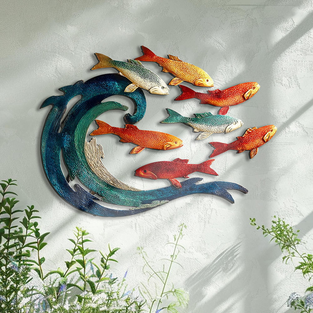 Wave School of Fish Metal Wall Art – UV Printed Coastal Decor Beach Indoor Outdoor