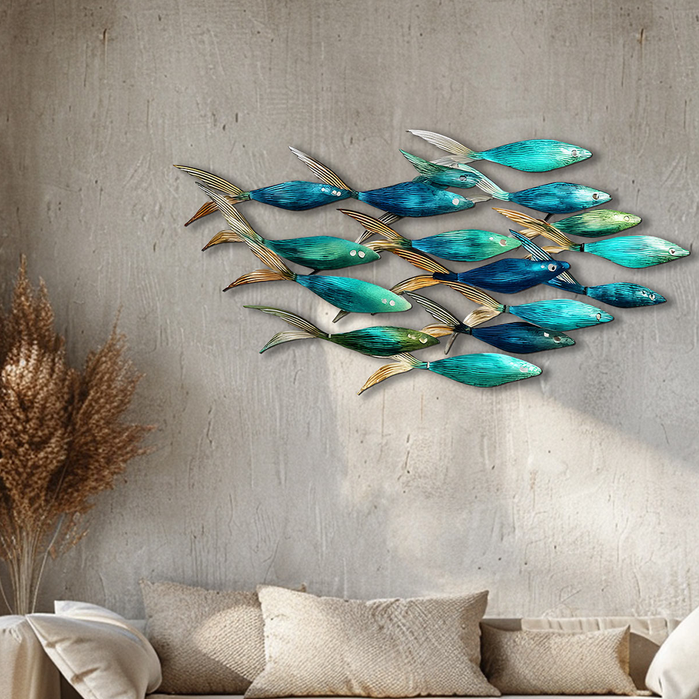 Blue School of Fish Metal Wall Art – UV Printed Aluminum Coastal Decor Beach Indoor Outdoor