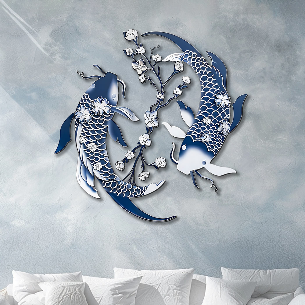 Blue Koi Fish Metal Wall Art – UV Printed Aluminum Japanese Zen Decor Indoor Outdoor