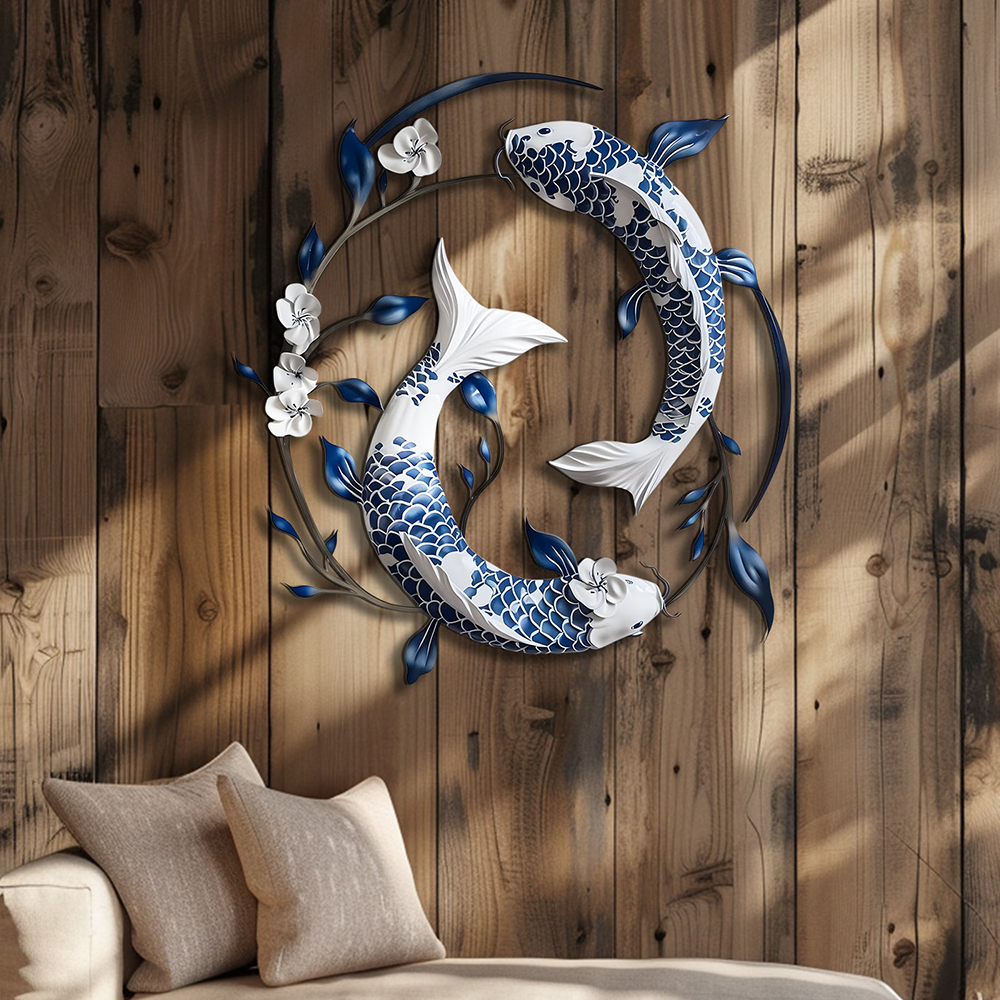 Blue White Koi Fish Metal Wall Art – UV Printed Aluminum Japanese Zen Decor Indoor Outdoor
