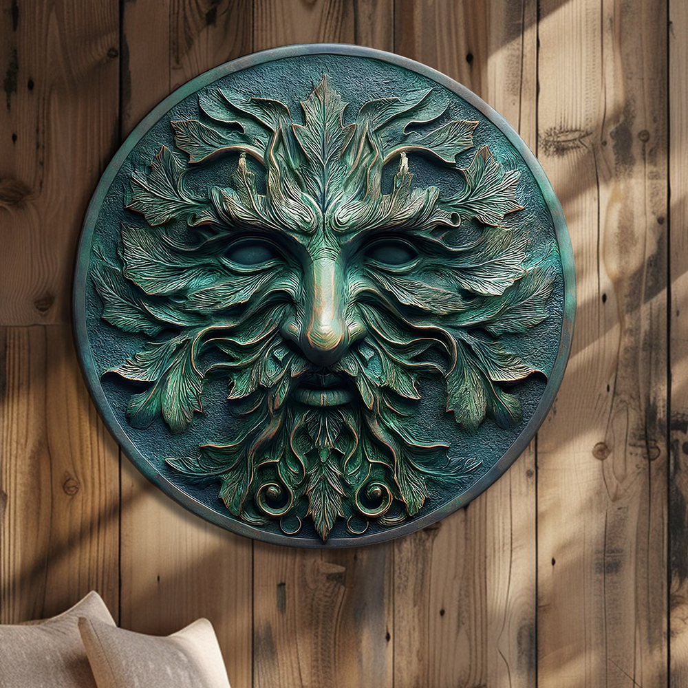 Green Man Face Metal Wall Art – UV Printed Aluminum Forest Spirit Garden Decor Indoor Outdoor V1