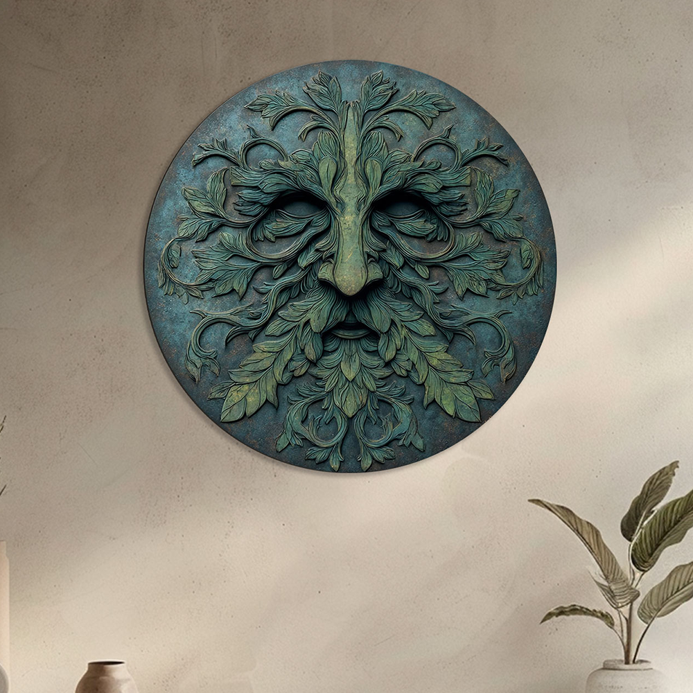 Green Man Face Metal Wall Art – UV Printed Aluminum Forest Spirit Garden Decor Indoor Outdoor V2