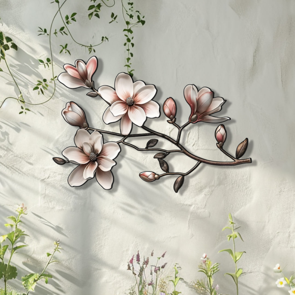 Magnolia Flower Metal Wall Art Floral Branch Wall Decor Elegant Botanical Aluminum Wall Hanging Farmhouse Decor