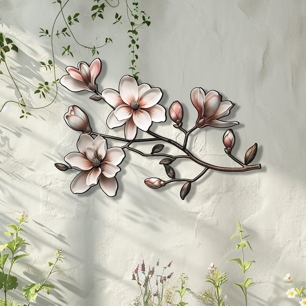 Magnolia Flower Metal Wall Art Floral Branch Wall Decor Elegant Botanical Aluminum Wall Hanging Farmhouse Decor