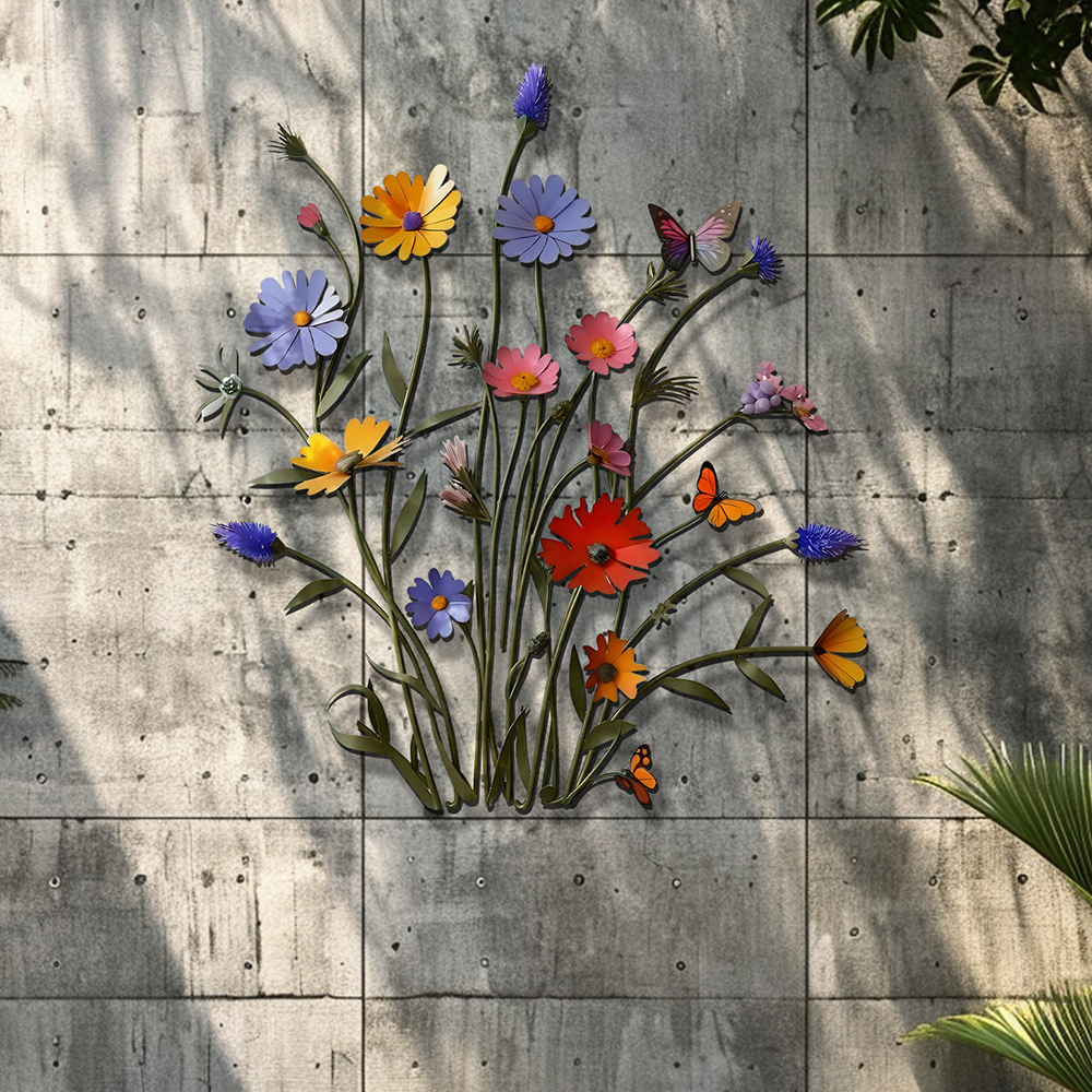 Wildflower Metal Wall Art Colorful Floral Decor – Garden Wall Hanging Cottagecore Farmhouse Wall Art