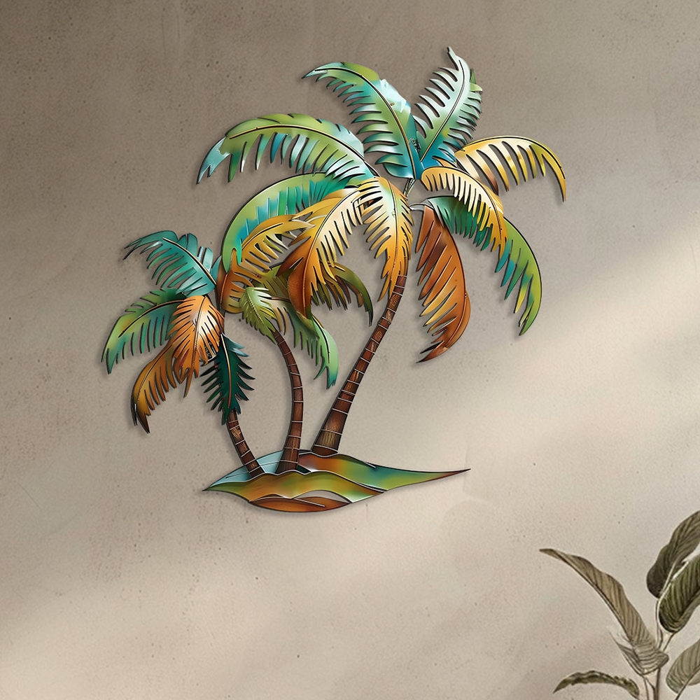 Palm Tree Metal Wall Art Sunset Beach Decor – Coastal Island Wall Hanging Rustic Summer Wall Art Home Decor V1